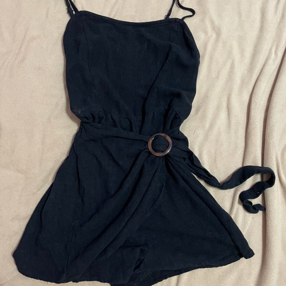 wrap front, scrunch-back belted black romper AEROPOSTALE
